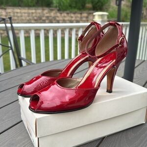 Anya Ponorovskaya Vintage Red Patent Leather Peep Toe Heels
